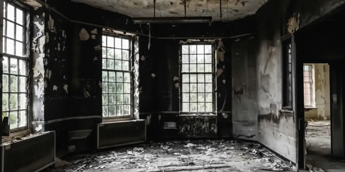 fire damage repair addressing severe interior damage and smoke residue inside a burned home in Evansville, IN
