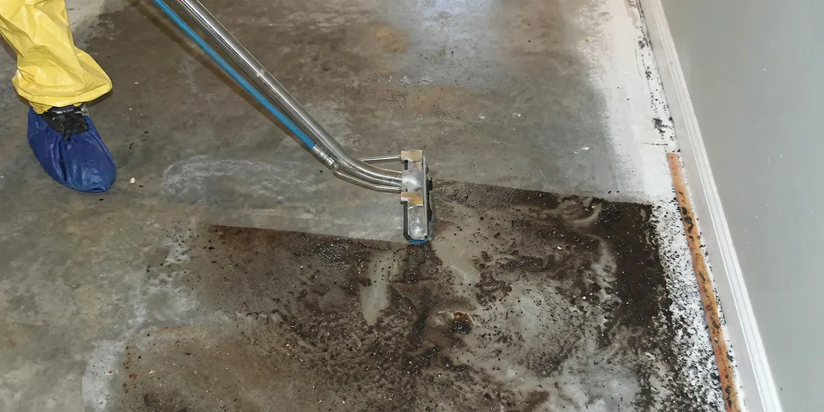 sewage removal technicians extracting contaminated wastewater from a residential floor in Evansville, IN