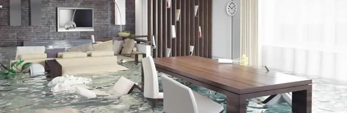 home interior affected by water damage with flooded floors and displaced furniture in Evansville, IN
