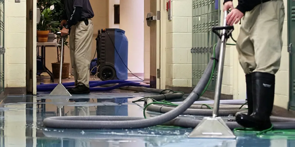 water damage restoration technicians performing professional water extraction inside a property in Evansville, IN